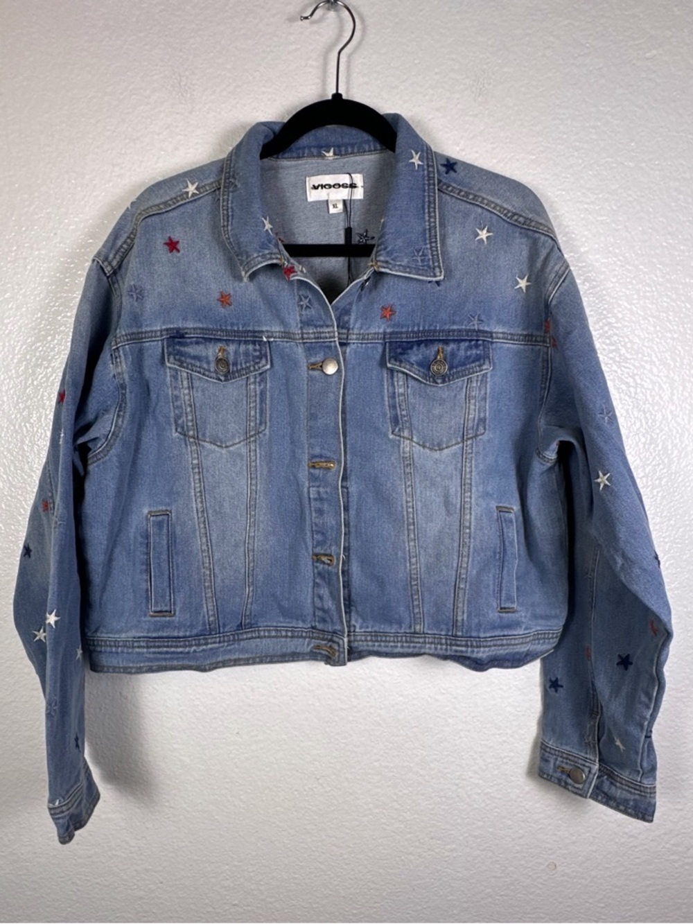 VIGOSS Women's Blue Denim Jacket Embroidered Stars Button Collared Pockets XL